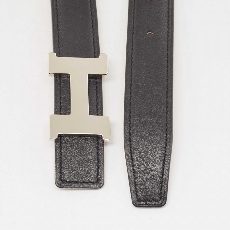Pre Owned Hermes Noir/Gold Swift and Epsom Leather Constance Reversible Belt 80 CM