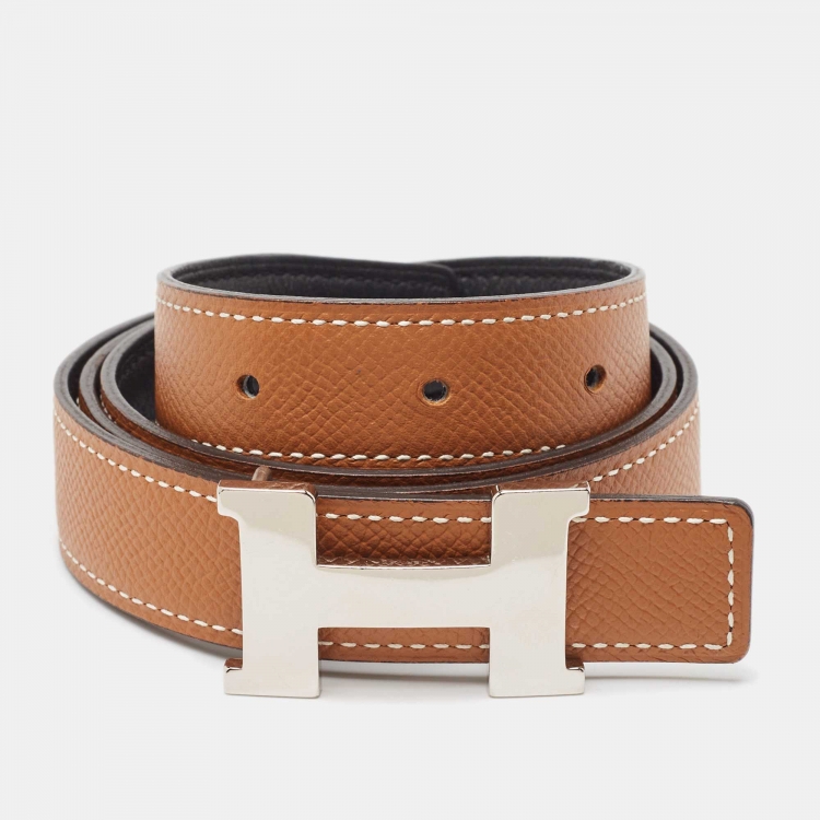 Pre Owned Hermes Noir/Gold Swift and Epsom Leather Constance Reversible Belt 80 CM