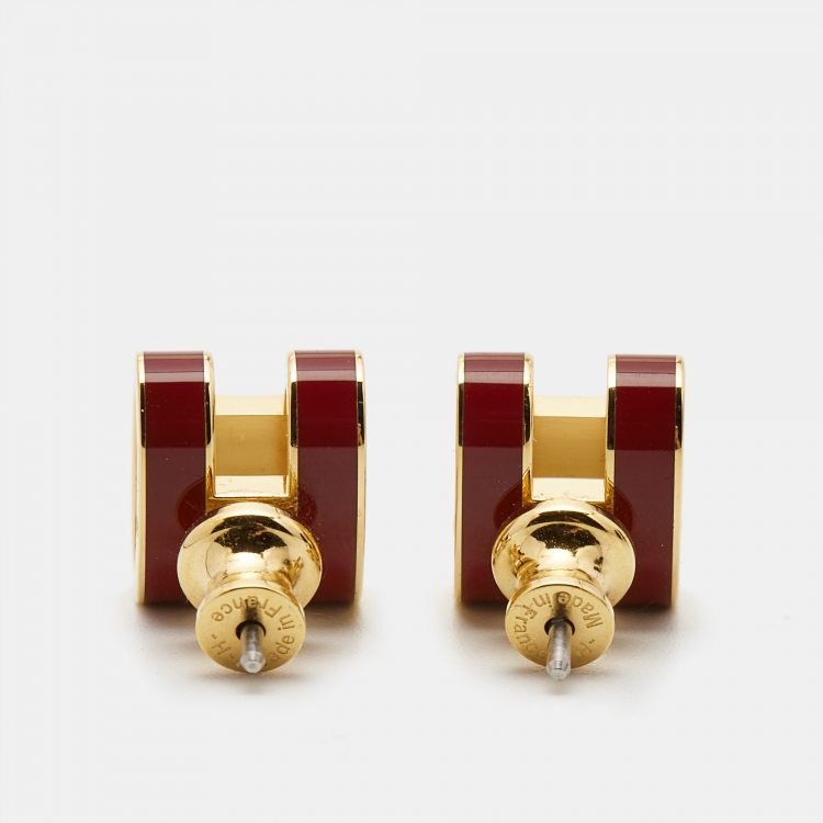 Pre Owned Hermes Pop H Enamel Gold Tone Earrings