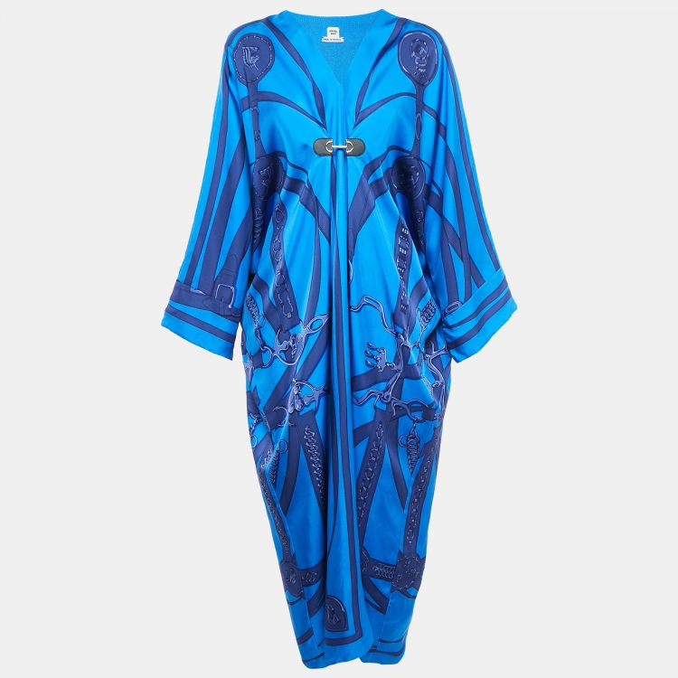 Pre Owned Hermes Blue Printed Silk Kaftan Dress L