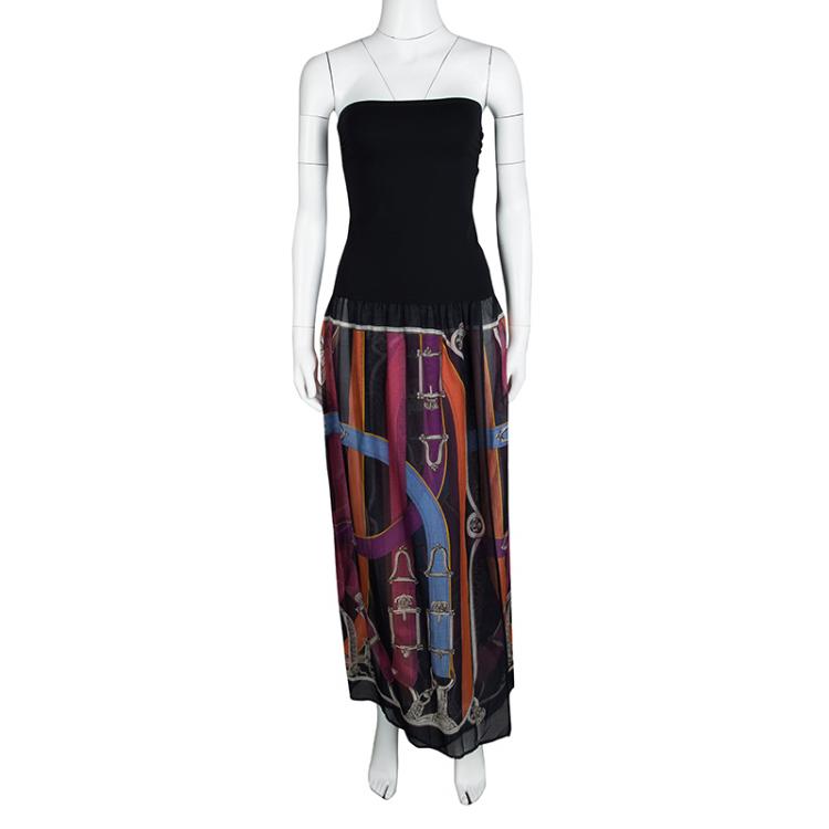 Pre Owned Hermes Black Printed Strapless Dress M