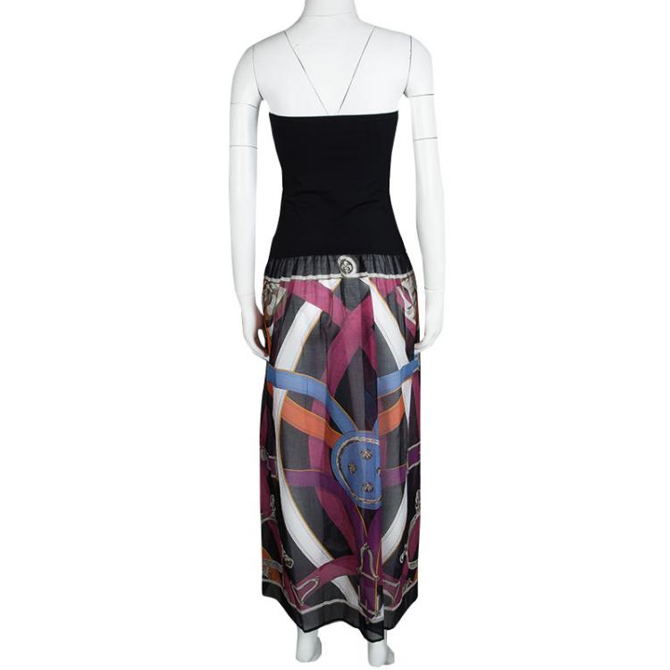Pre Owned Hermes Black Printed Strapless Dress M