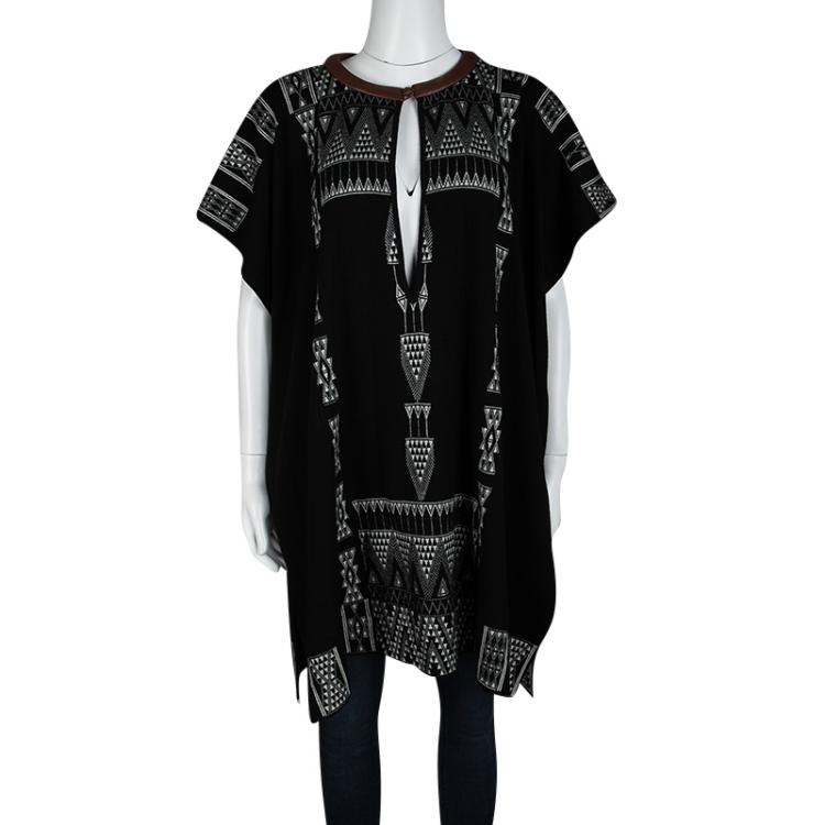 Pre Owned Hermes Black Aztec Pattern Cashmere and Wool Leather Trim Oversized Tunic S 