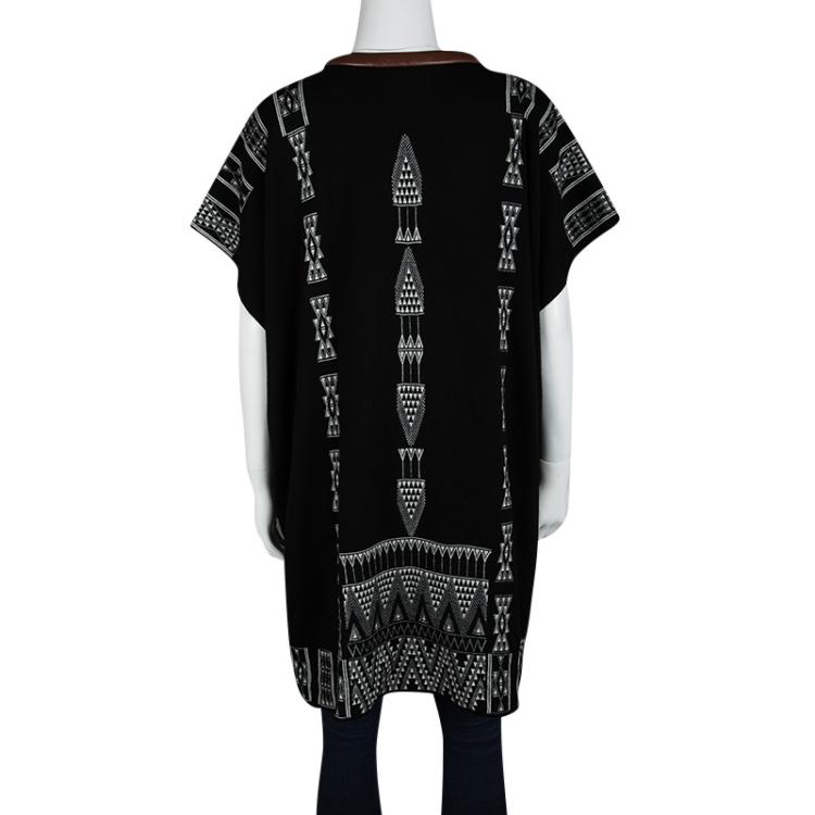 Pre Owned Hermes Black Aztec Pattern Cashmere and Wool Leather Trim Oversized Tunic S 