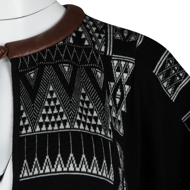 Pre Owned Hermes Black Aztec Pattern Cashmere and Wool Leather Trim Oversized Tunic S 