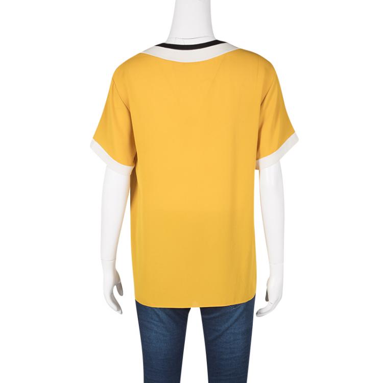 Pre Owned Hermes Mustard Yellow Silk Contrast Trim Short Sleeve Top S