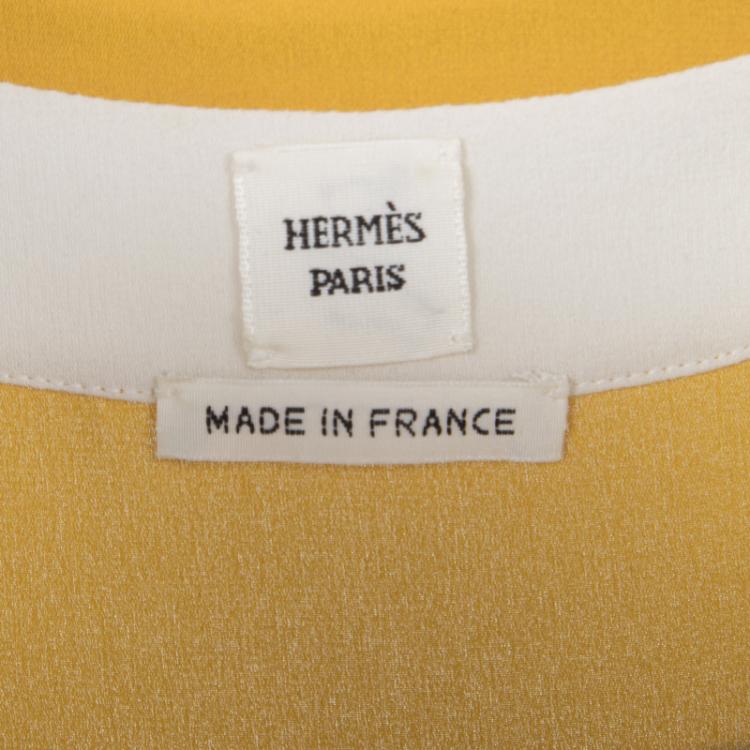 Pre Owned Hermes Mustard Yellow Silk Contrast Trim Short Sleeve Top S