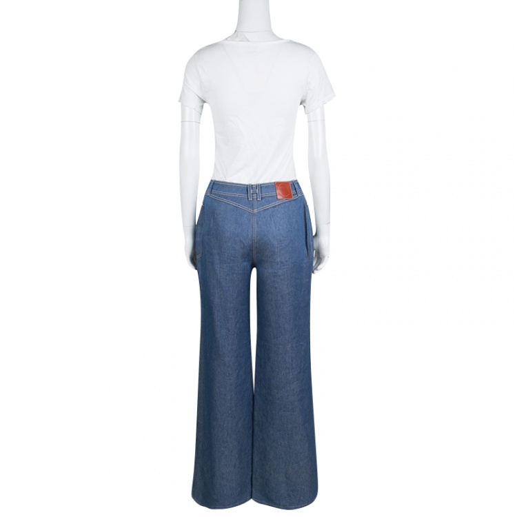 Pre Owned Hermes Blue Linen High Waist Flared Pants M
