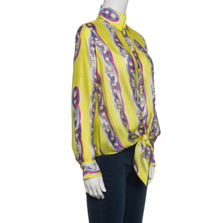 Pre Owned Hermes Yellow Silk Chain Printed Front Tie Long Sleeve Shirt S