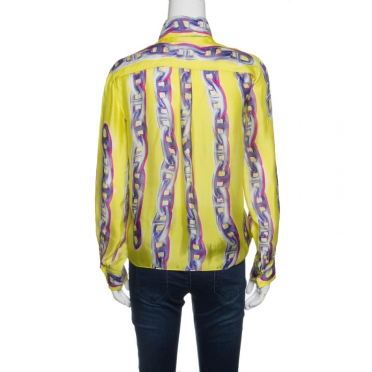 Pre Owned Hermes Yellow Silk Chain Printed Front Tie Long Sleeve Shirt S