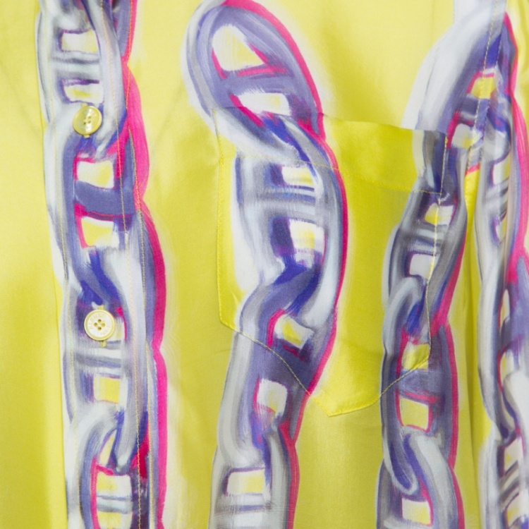 Pre Owned Hermes Yellow Silk Chain Printed Front Tie Long Sleeve Shirt S