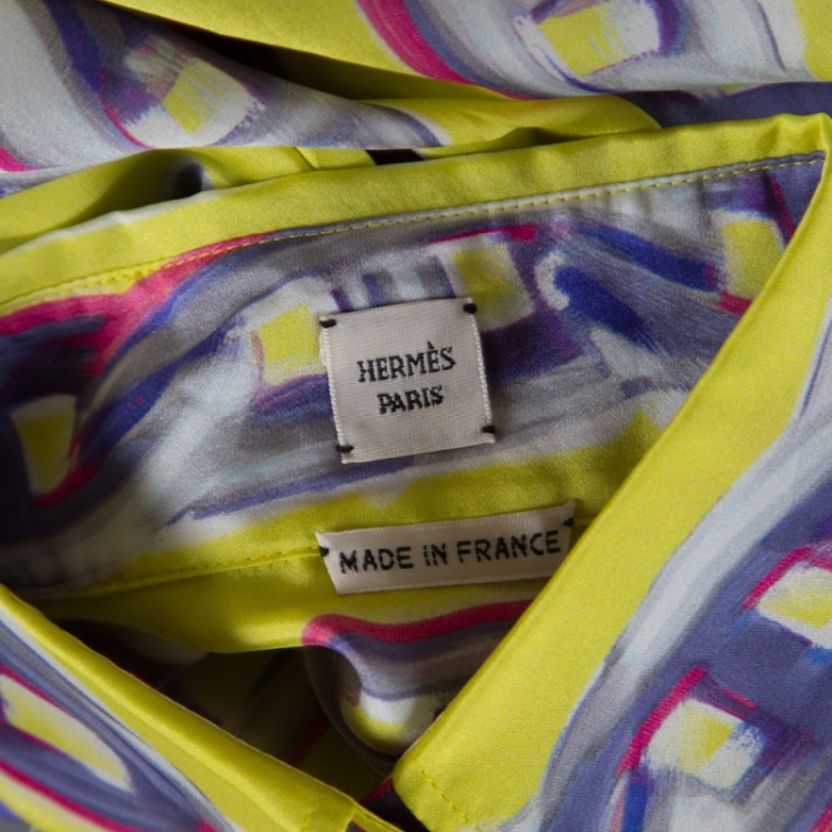 Pre Owned Hermes Yellow Silk Chain Printed Front Tie Long Sleeve Shirt S