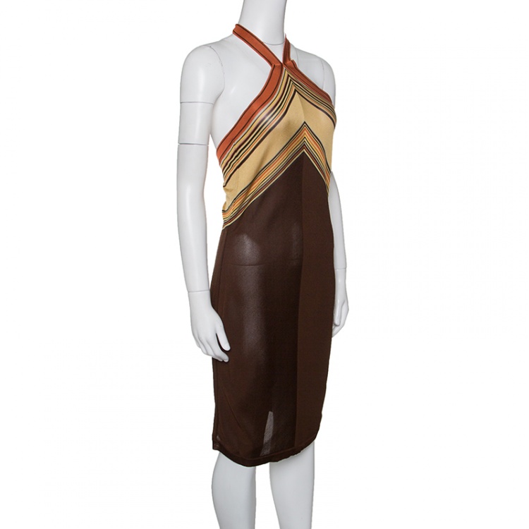 Pre Owned Hermes Brown Knit Striped Bodice Detail Halter Dress M