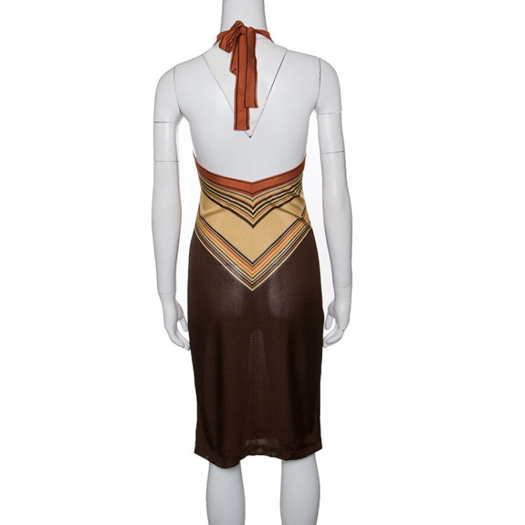 Pre Owned Hermes Brown Knit Striped Bodice Detail Halter Dress M