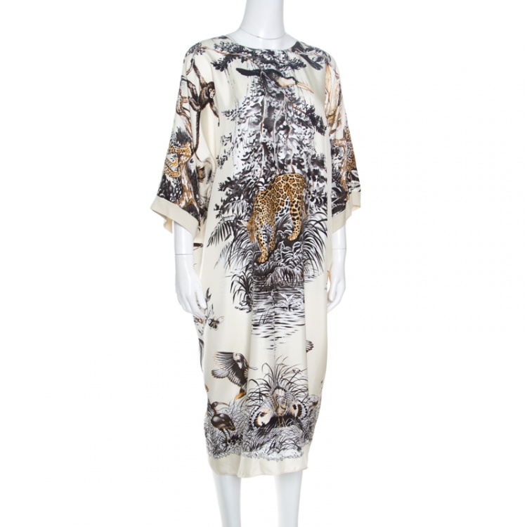 Pre Owned Hermes Cream Jungle Love Print Silk and Cashmere Tunic Dress M