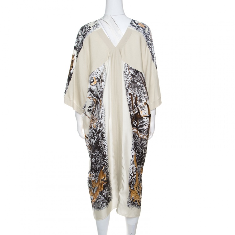 Pre Owned Hermes Cream Jungle Love Print Silk and Cashmere Tunic Dress M