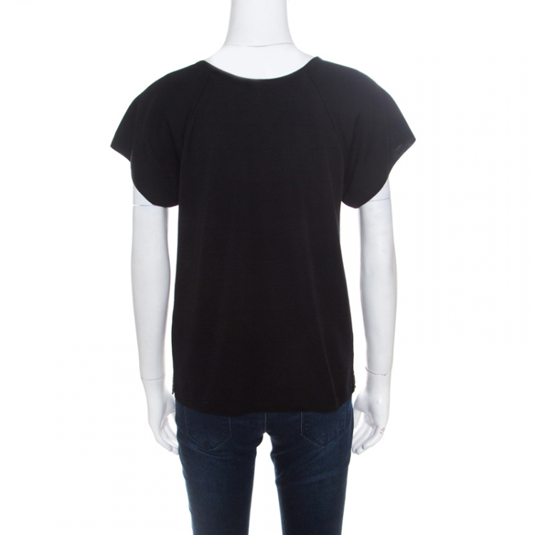 Pre Owned Hermes Black and Beige Printed Silk Front Raglan Sleeve Wool Top M