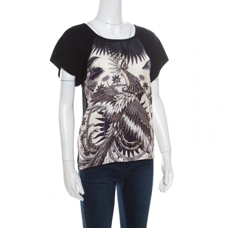 Pre Owned Hermes Black and Beige Printed Silk Front Raglan Sleeve Wool Top M