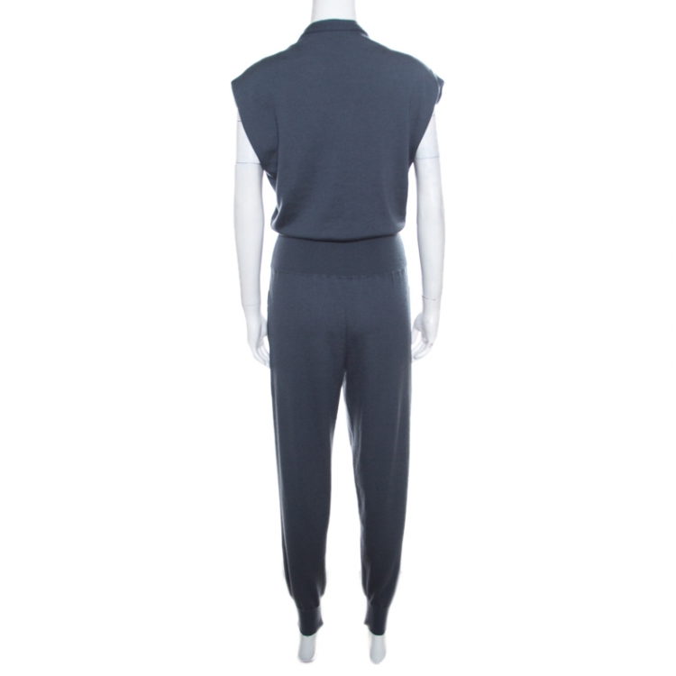 Pre Owned Hermes Teal Blue Cashmere Cinched Waist Button Front Jumpsuit M