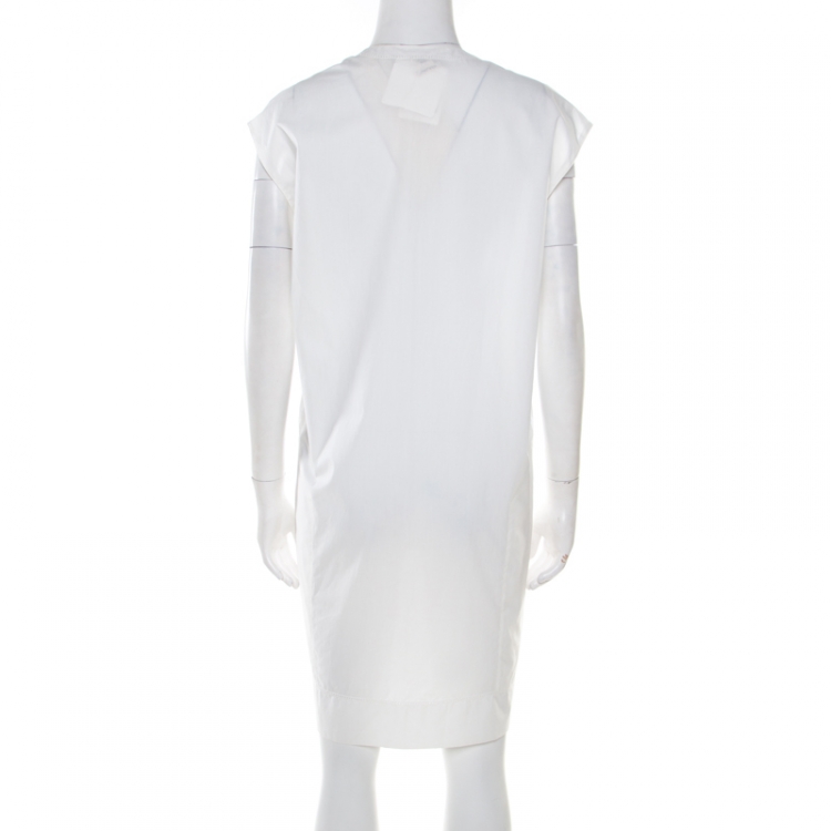 Pre Owned Hermes Off White Cotton Embroidered Pocket Detail Sleeveless Tunic Dress M