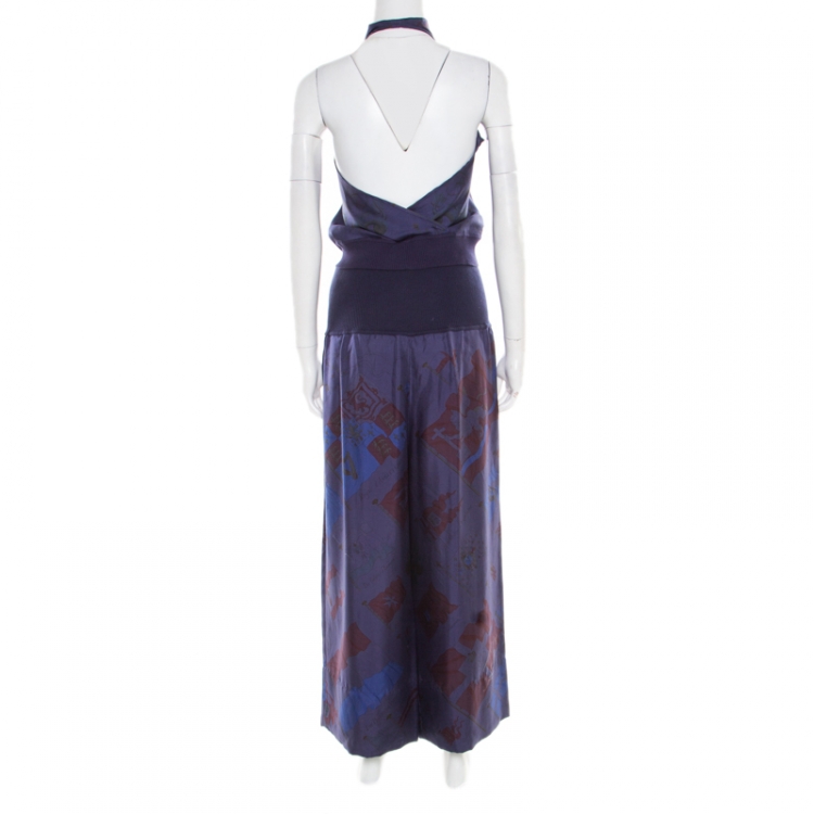 Pre Owned Hermes Dark Blue Pavois Flag Print Silk Halter Top and Trousers Set M