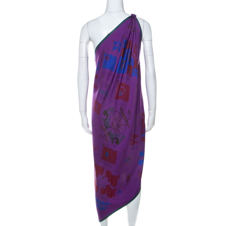 Pre Owned Hermes Purple Flag Print Silk One Shoulder Pavois Scarf Maxi Dress M