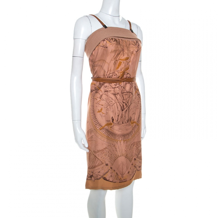 Pre Owned Hermes Terracotta Orange Silk Detachable Strap Detail Fauna Dress S