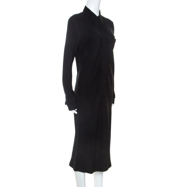 Pre Owned Hermes Black Silk Long Sleeve Collared Dress L