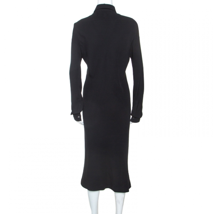 Pre Owned Hermes Black Silk Long Sleeve Collared Dress L