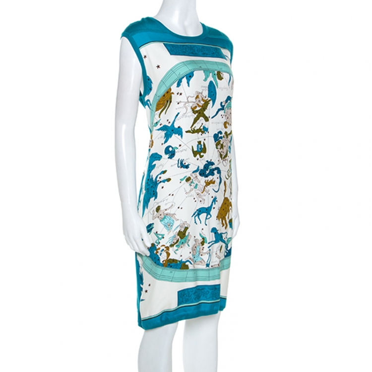 Pre Owned Hermes Blue Zodiac Printed Silk And Knit Sleeveless Dress L