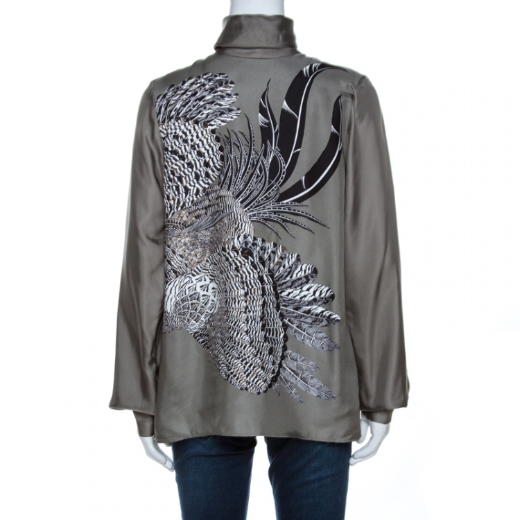 Pre Owned Hermes Grey Printed Silk High Neck Blouse M