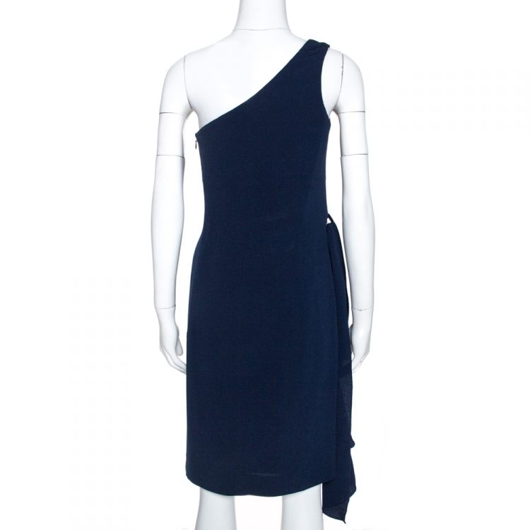 Pre Owned Hermes Navy Blue Silk One Shoulder Draped Dress S