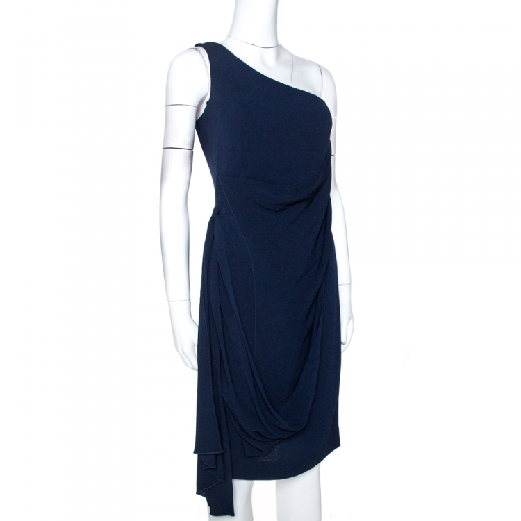 Pre Owned Hermes Navy Blue Silk One Shoulder Draped Dress S