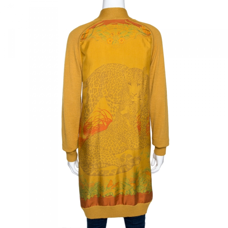 Pre Owned Hermes Mustard Silk and Knit Trim Jungle Print Long Cardigan S