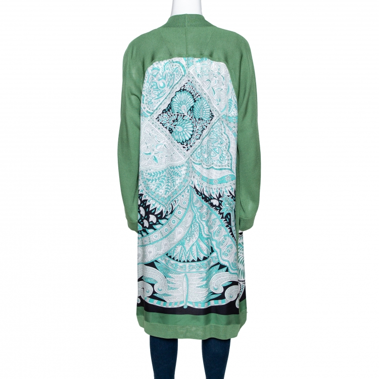 Pre Owned Hermes Green Printed Silk & Knit Open Front Cardigan M