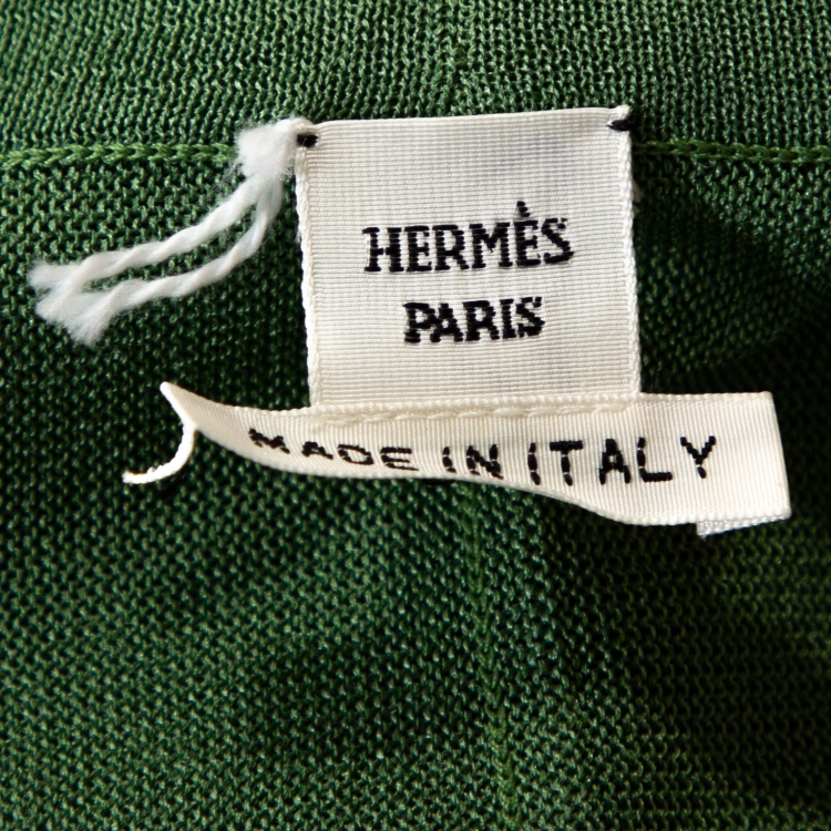 Pre Owned Hermes Green Printed Silk & Knit Open Front Cardigan M