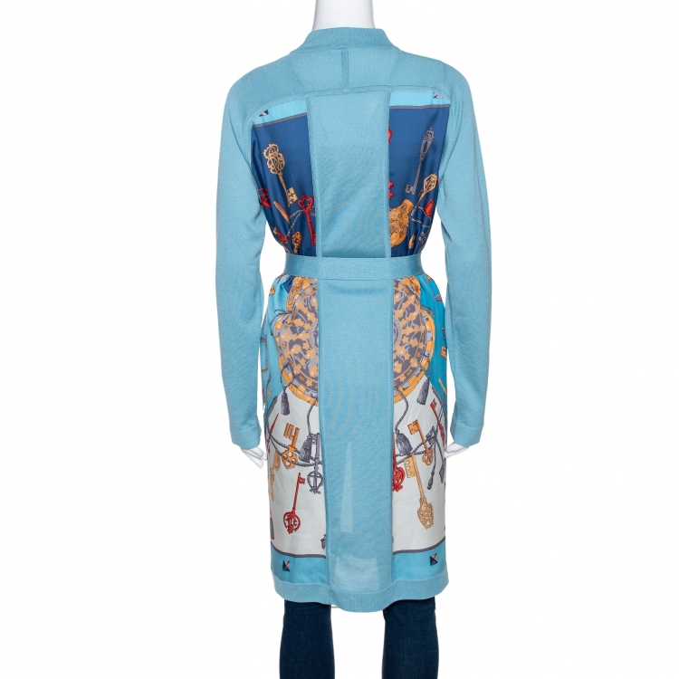 Pre Owned Hermes Blue Les Cles Print Silk & Knit Belted Cardigan M