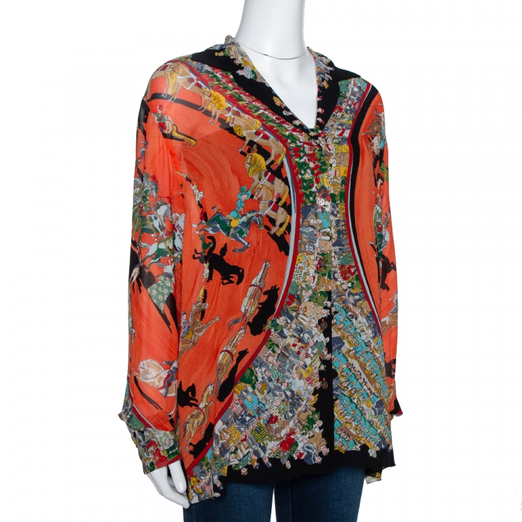 Pre Owned Hermes Orange Cirque Molier Print Silk Crepe Shirt L