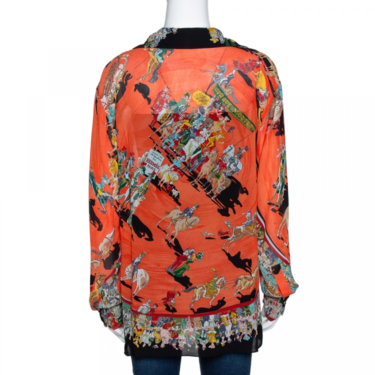 Pre Owned Hermes Orange Cirque Molier Print Silk Crepe Shirt L