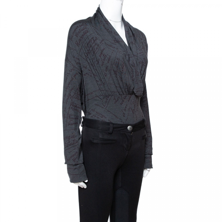 Pre Owned Hermes Grey Printed Silk Jersey Plunge Neck Bodysuit M