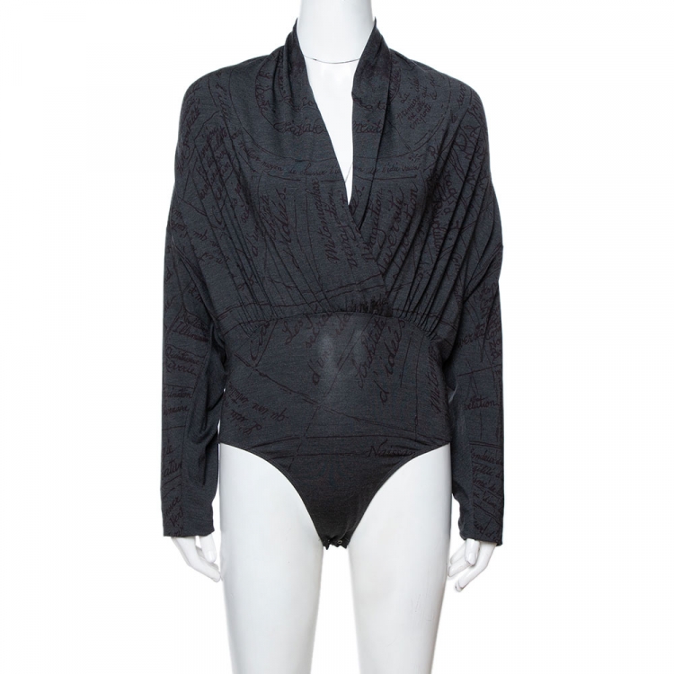 Pre Owned Hermes Grey Printed Silk Jersey Plunge Neck Bodysuit M