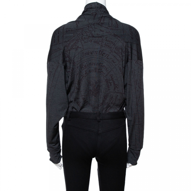 Pre Owned Hermes Grey Printed Silk Jersey Plunge Neck Bodysuit M