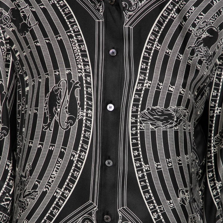 Pre Owned Hermes Black Zodiac Printed Silk Long Sleeve Shirt L