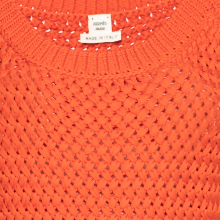 Pre Owned Hermes Orange Cotton Knit Sleeveless Belted Mini Dress S