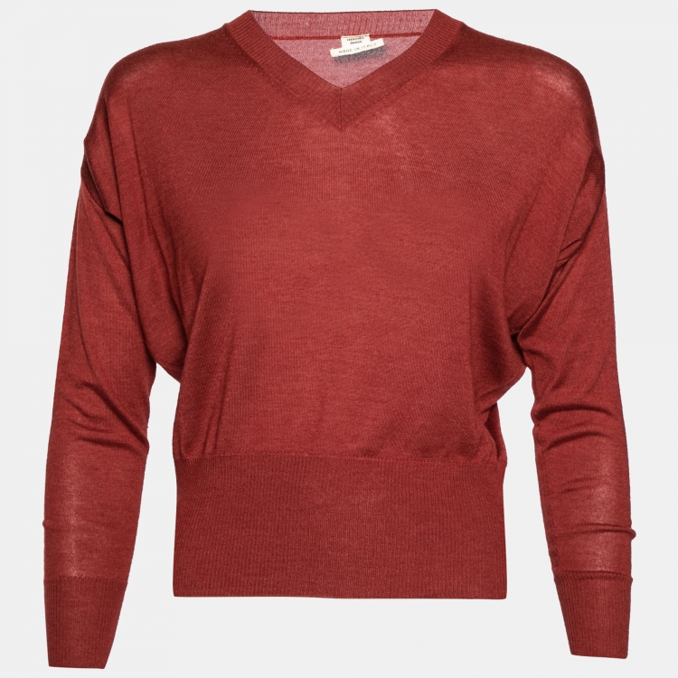 Pre Owned Hermes Maroon Cashmere V-Neck Sweater S