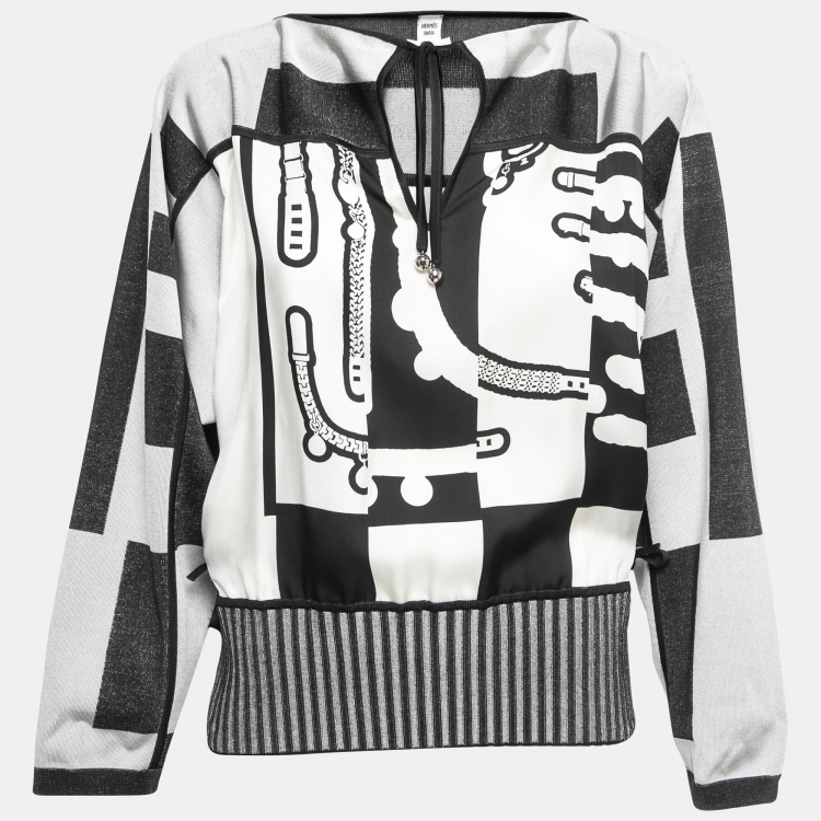 Pre Owned Hermes Black Printed Silk & Knit Top S
