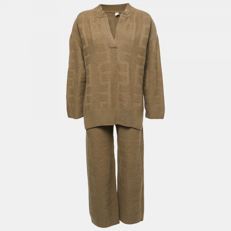 Pre Owned Hermes Brown Textured Wool Top & Pants Set M