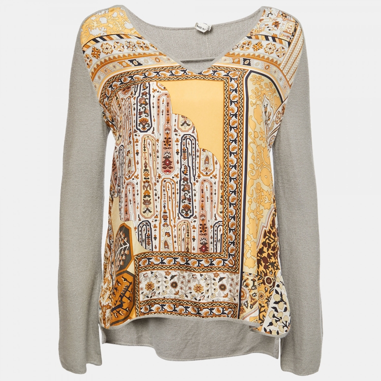 Pre Owned Hermes Grey Printed Silk and Wool Knit V-Neck Sweater M
