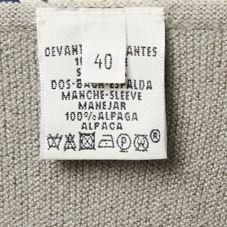 Pre Owned Hermes Grey Printed Silk and Wool Knit V-Neck Sweater M