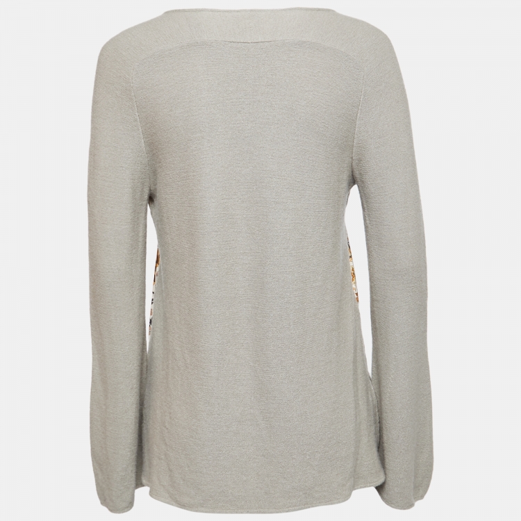 Pre Owned Hermes Grey Printed Silk and Wool Knit V-Neck Sweater M